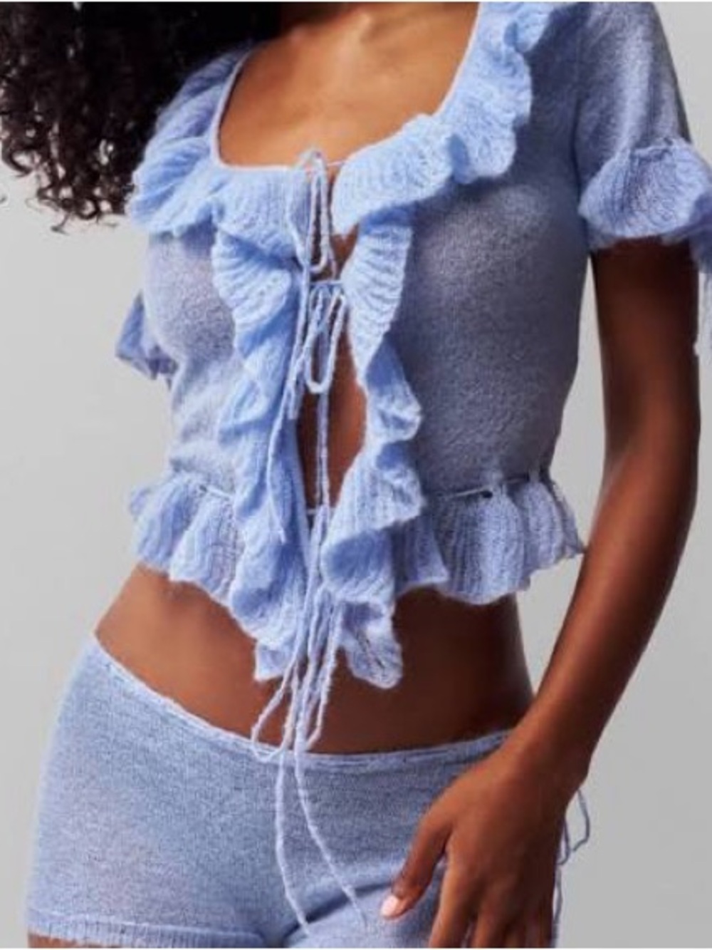 Danielle Guizio Light Blue Ruffled Knit Crop Top and Shorts Set